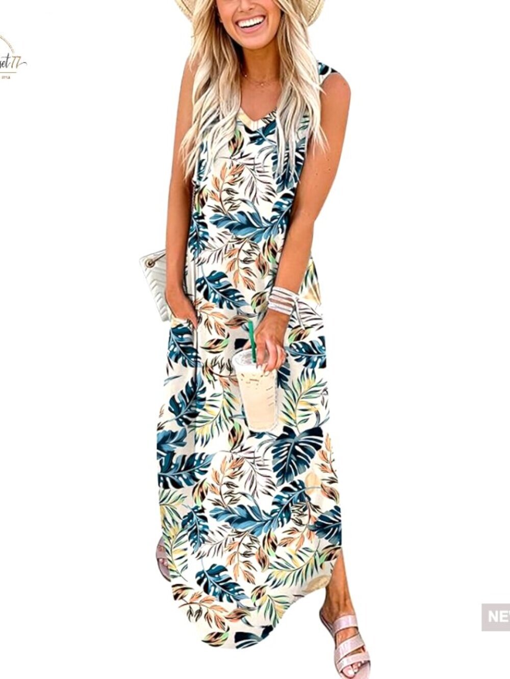 Maxi Dress Sleeveless V-Neck Floral Printed Loose Fit with Pockets